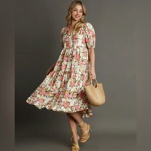 Umgee Floral Tiered Midi Dress Puff Sleeve Boho Romantic Cottagecore - Size Med